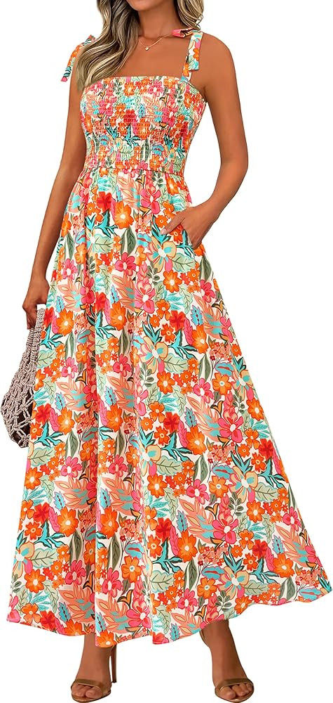 PRETTYGARDEN Womens Summer Dresses Floral Sleeveless Smocked Maxi Dress Boho Spaghetti Strap A Li... | Amazon (US)