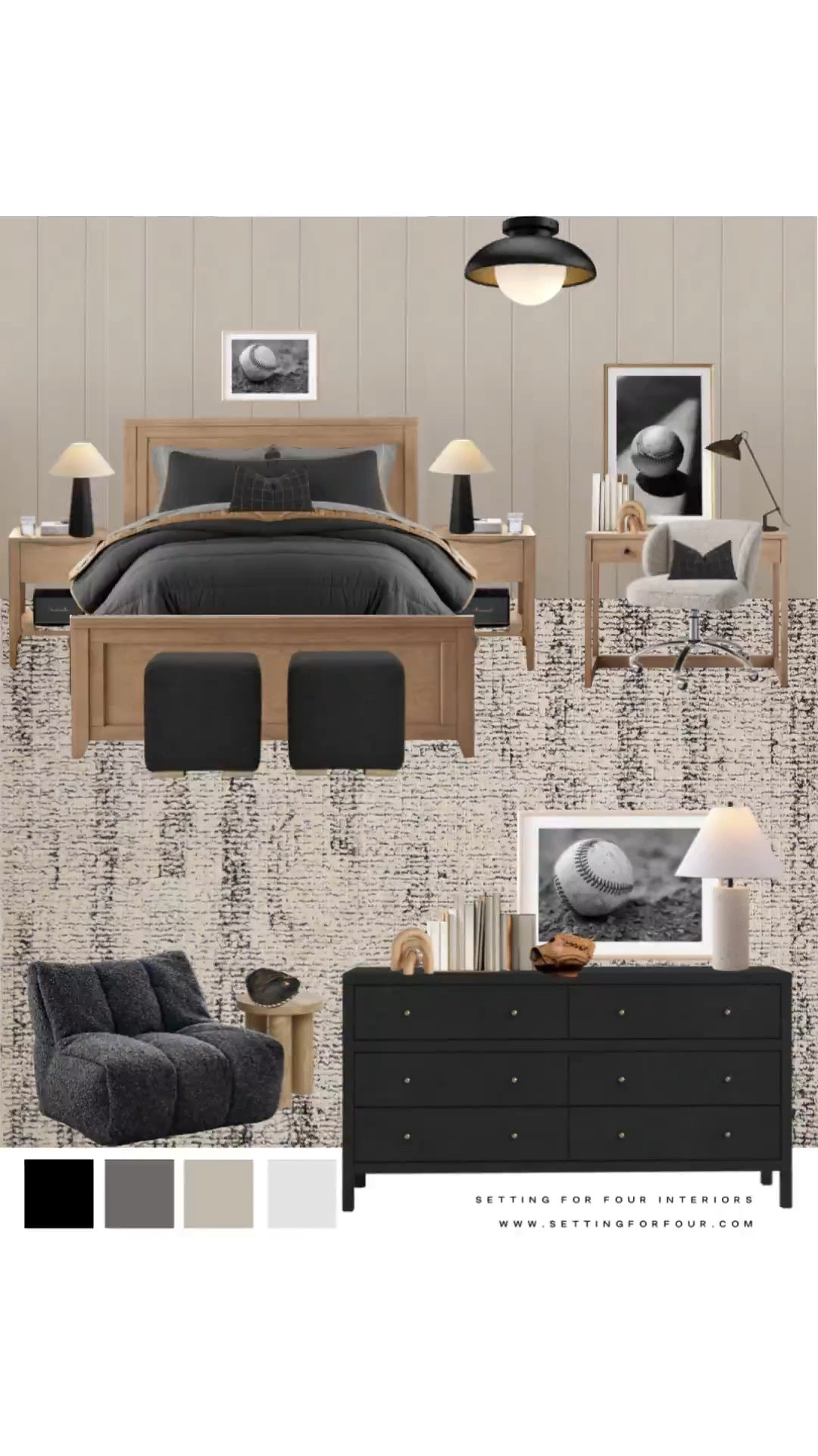 Boys bedroom mood board, teen bedroom furniture and decor, kids room, boys baseball art, dresser, wood bed, lounge chair, kids desk, lighting, nightstand, online interior design services, Designer, True Color Expert, modern, transitional, minimalist, farmhouse, earthy, black, beige, sports, kids bedroom area rug, Amazon must haves, Pottery Barn style, Wayfair, Target, Walmart #LTKFindsUnder50, #LTKFamily

#LTKHome #LTKKids #LTKSaleAlert