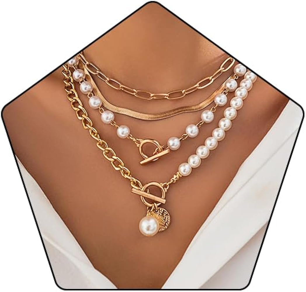 Gold Layered Chunky Necklace for Women Paperclip Chain Pearl Necklace Herringbone Necklace Gold C... | Amazon (US)