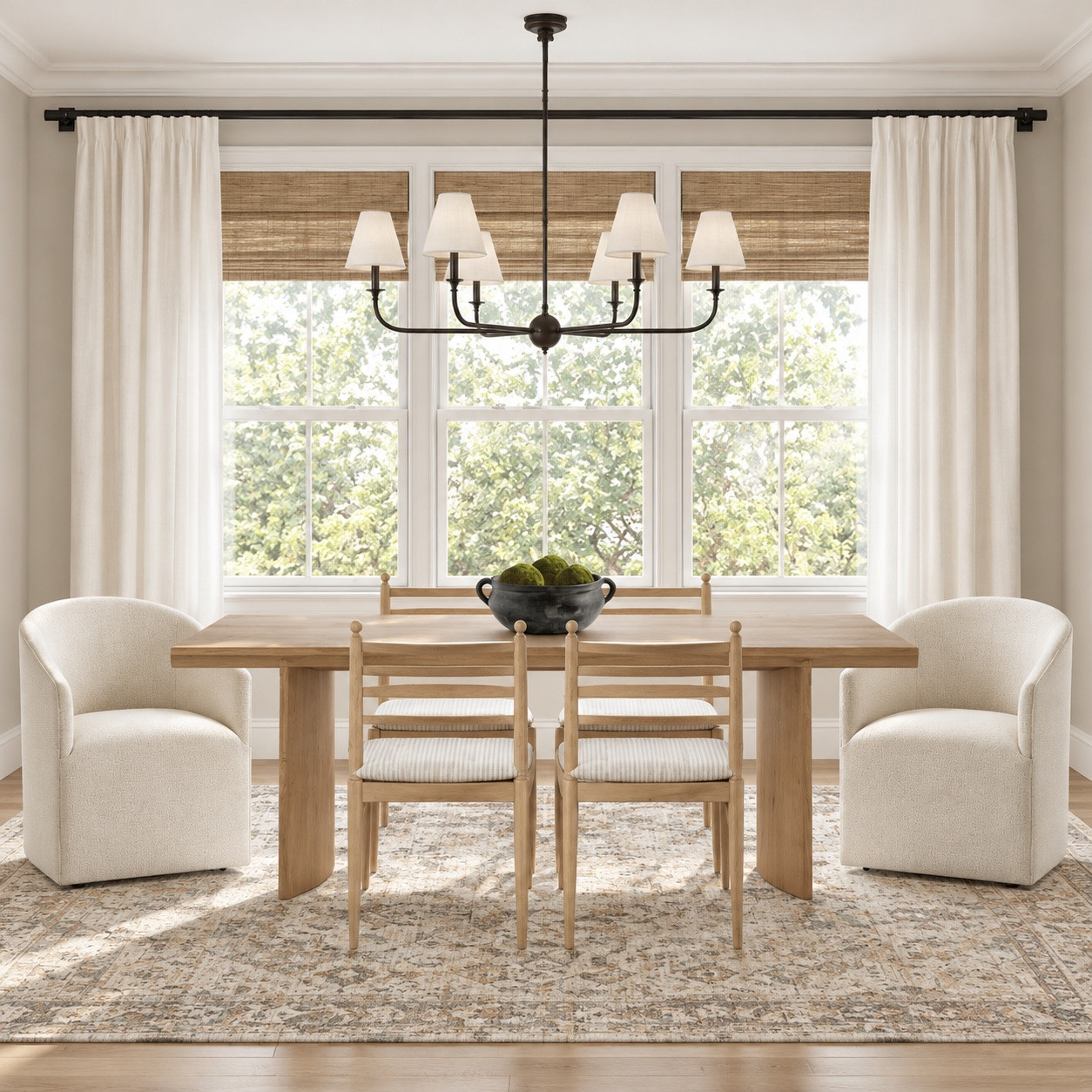 From vision board to 3D, this client dining room design is all about warm oak, cozy bouclé seating, and soft linen layers 🤍 A classic chandelier and a vintage-inspired rug bring it all together for a space made for gathering.

#PorcheandCo #DiningRoomDesign #OakDiningTable #BoucleChairs #LinenCurtains #WovenShades #DiningRoomLighting #NeutralHomeDecor #ModernClassicInteriors
