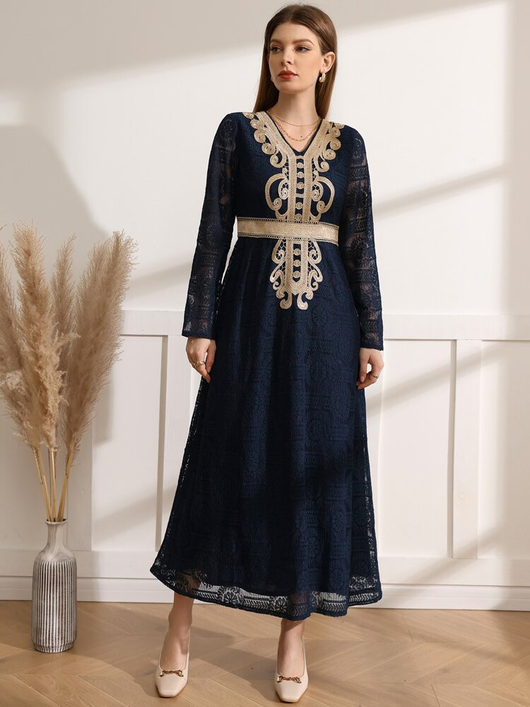 Scroll Embroidered Lace A-line Dress | SHEIN