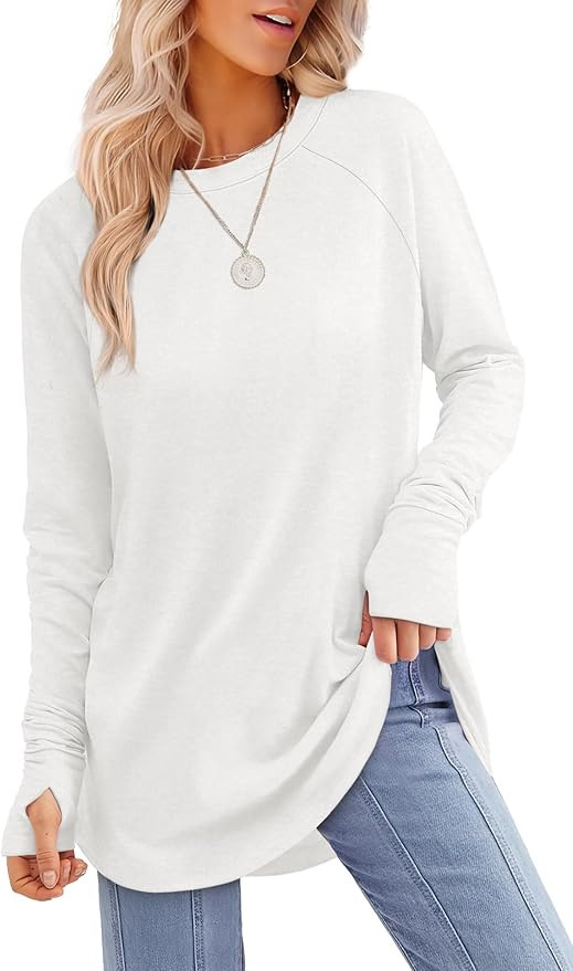 XIEERDUO Womens Tunic Tops to Wear with Leggings Long Sleeve Thumb Hole Shirts Crew Neck Curved H... | Amazon (US)