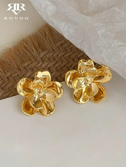 1 Pair Elegant French Vintage Metal Flower Stud Earrings, Fashionable For Daily Wear | SHEIN