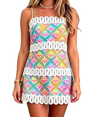 Women's Geometric Print Mini Dress Lace Trim Spaghetti Strap Dress Summer Casual Sundress for Bea... | Amazon (US)