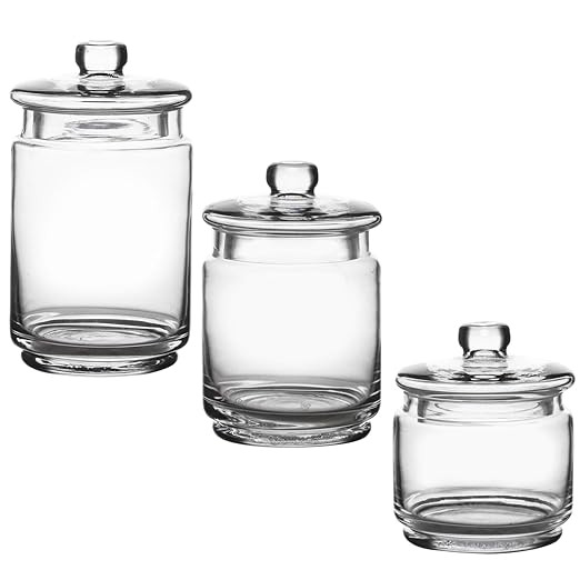 WHOLE HOUSEWARES Glass Apothecary Jars with Lids - Set of 3 for Bathroom Storage, Qtip & Cotton S... | Amazon (US)