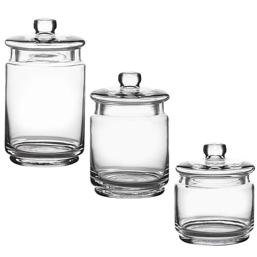 WHOLE HOUSEWARES Glass Apothecary Jars with Lids - Set of 3 for Bathroom Storage, Qtip & Cotton S... | Amazon (US)
