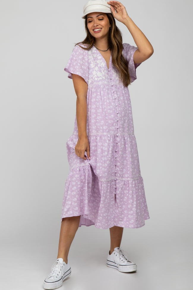 Lavender Floral Embroidered Button Front Maternity Midi Dress | PinkBlush Maternity