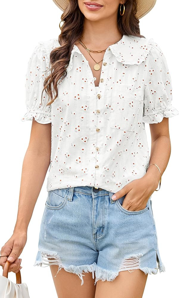 ECOWISH Women's Button Up Shirt - Peter Pan Collar Frilled Short Sleeve Summer Tops Casual Cotton... | Amazon (US)