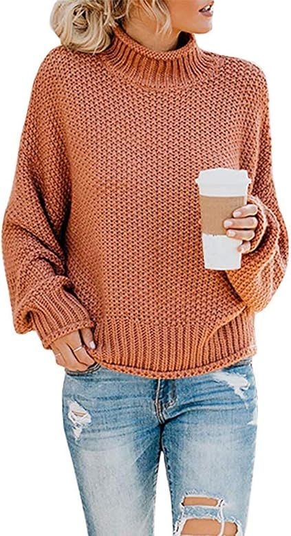 Women's Turtleneck Sweaters Long Batwing Sleeve Oversized Chunky Knitted Pullover Tops | Amazon (US)