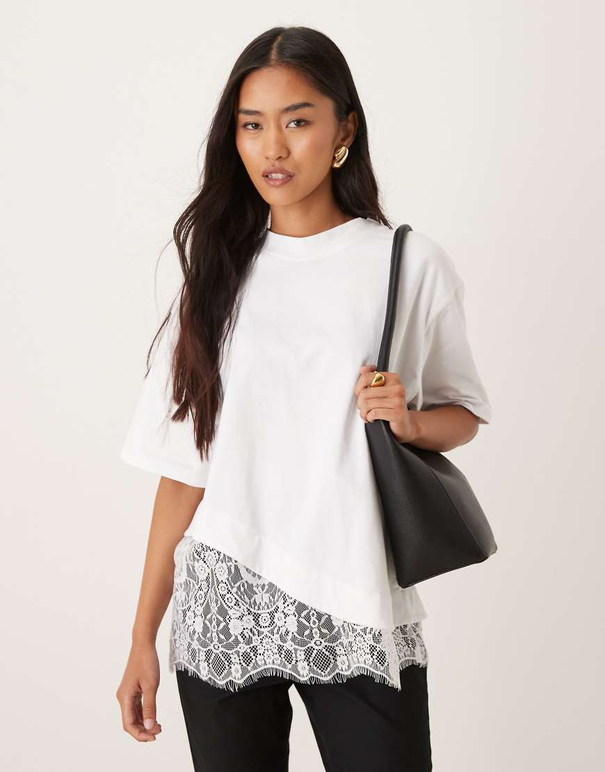 ASOS DESIGN short sleeve T-shirt with lace hem in white | ASOS (Global)