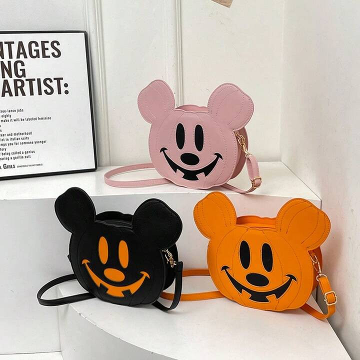 1pc Disney Halloween Mickey Mouse Jack-O'-Lantern Shaped Multifunctional Candy Storage Bag, Festive Fun Style PU Leather, Creative Mickey Ears Pumpkin Design | SHEIN