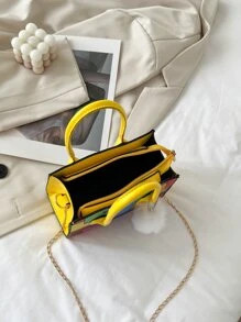 Mini Colorblock Double Handle Square Bag With Pom-pom Bag Charm SKU: sg2206050211554505(100+ Revi... | SHEIN