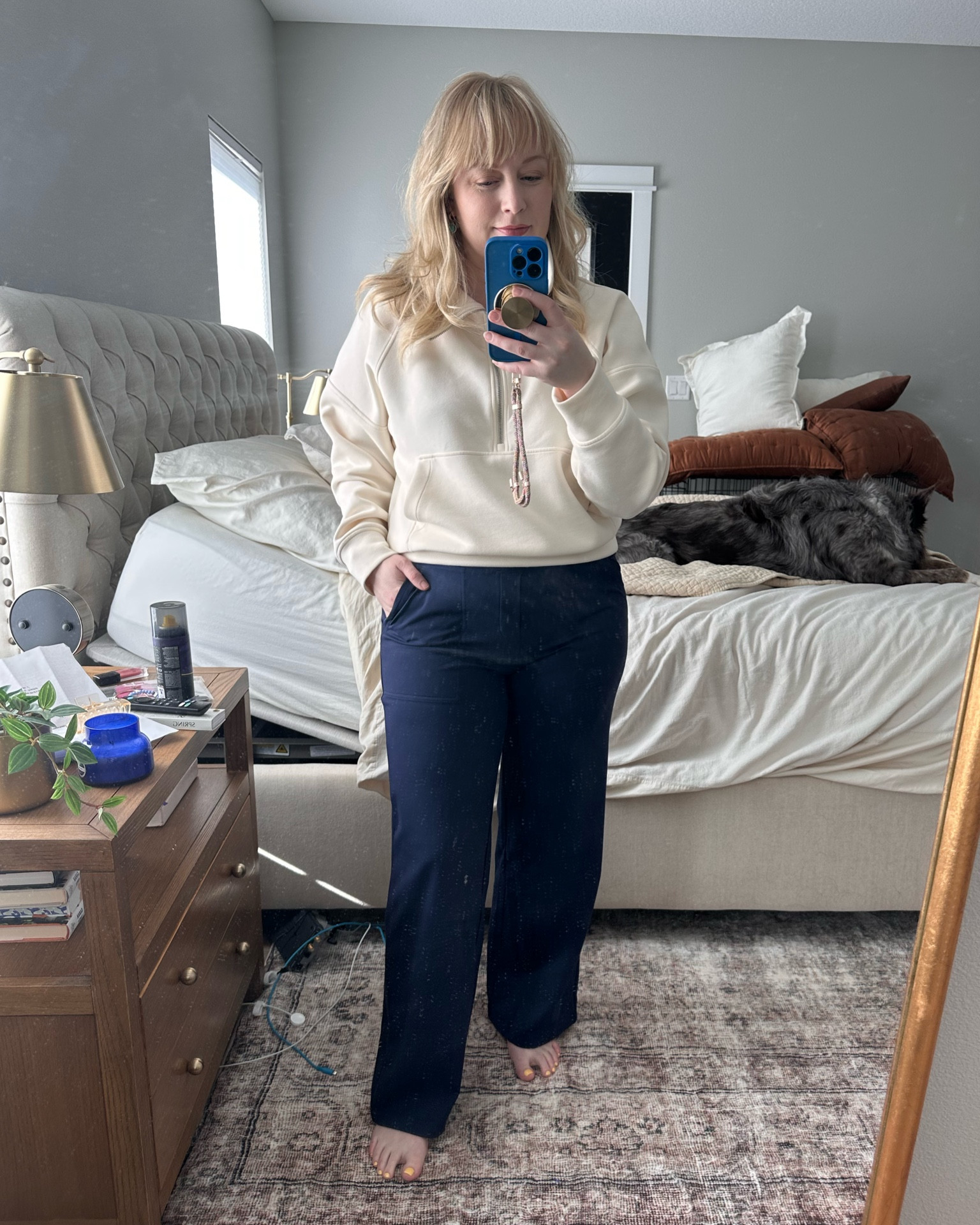 Travel outfit. These wide leg pants are 🙌🏻🙌🏻 I went with a medium length 31. Options for the petite and tall girls too. I love the 3/4 zip as well. Wish I would have sized down to a small for a more classic look. The medium isn’t bad by any means  