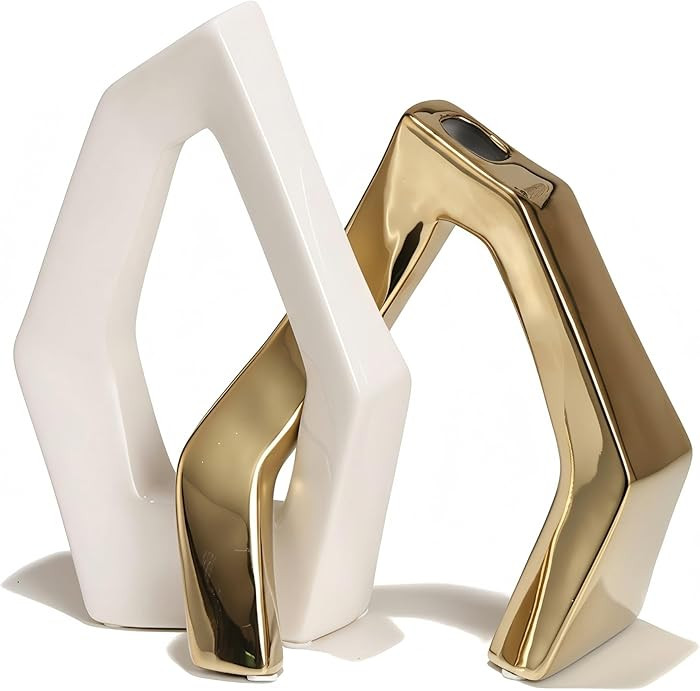 White and Gold Vase Set of 2, Modern Geometric Abstract Ceramic Flower Vase for Centerpieces, TV ... | Amazon (US)