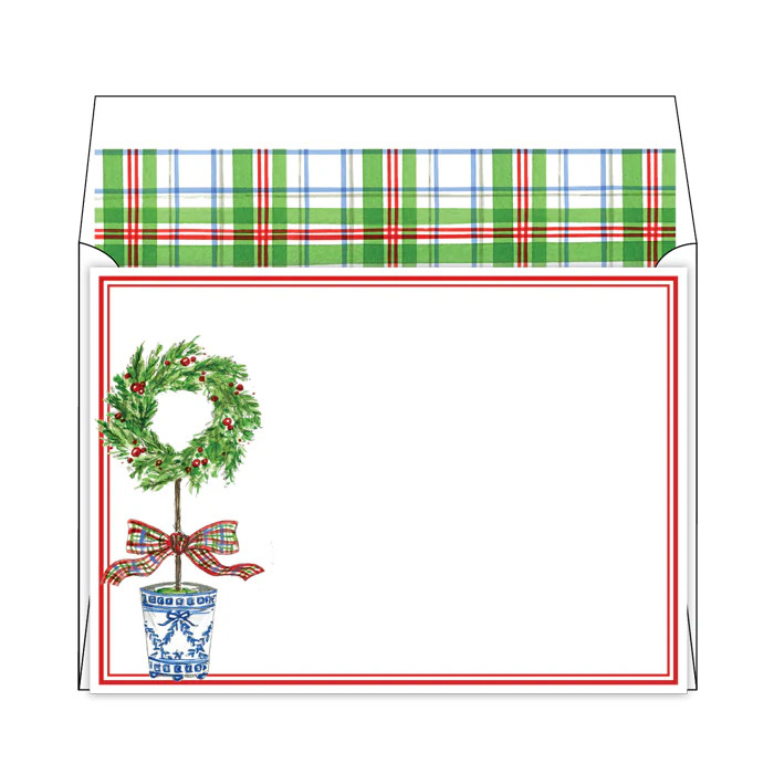 Handpainted Holiday Topiary Berry Wreath Flat Note Stationery | Rosanne Beck Collections