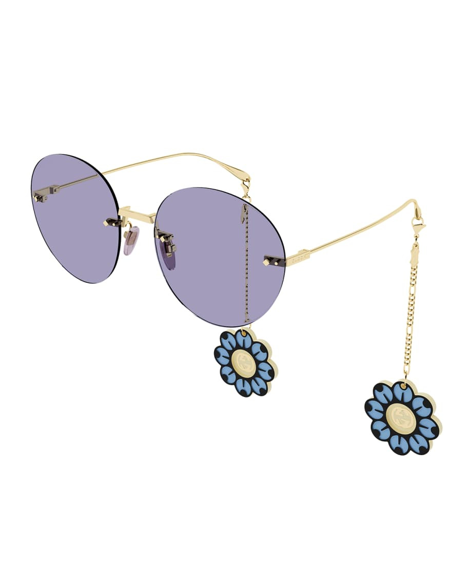 Gucci Rimless Round Metal Sunglasses w/ Flower Charms | Neiman Marcus