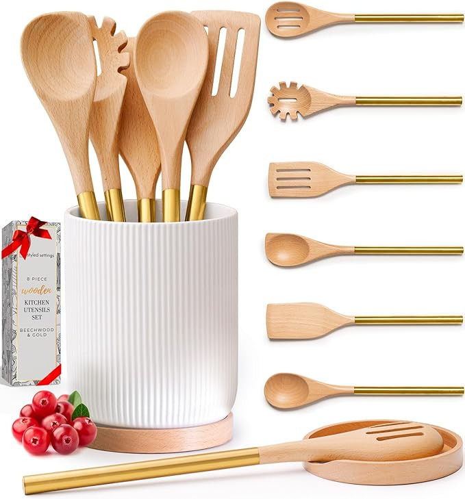 Wooden Cooking Utensils Set – 8 PC Set Includes Wood and Gold Kitchen Utensils, White Utensil H... | Amazon (US)