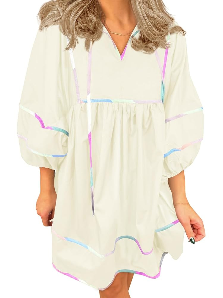Cicy Bell Womens Babydoll Mini Dresses 3/4 Puff Sleeve V Neck Dress Casual Loose Fit Patchwork Pl... | Amazon (US)