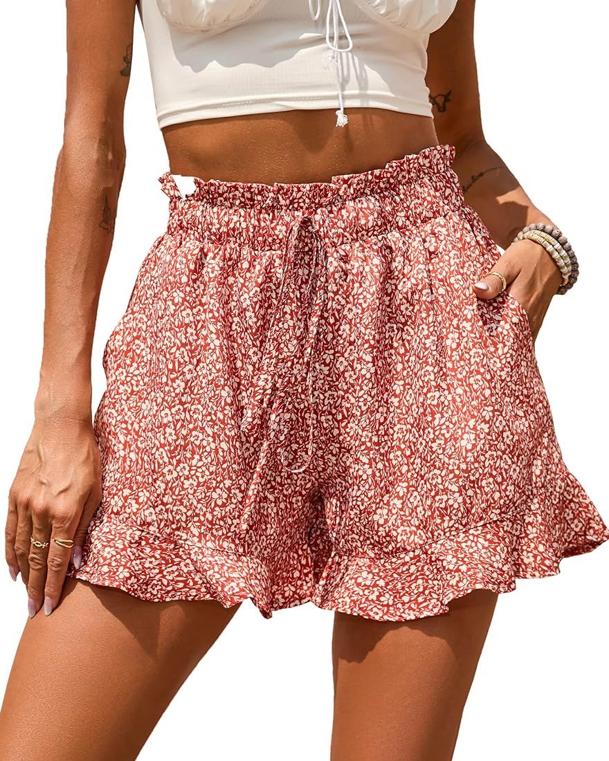 BTFBM Women's Summer Shorts 2023 Floral Elastic High Waisted Belted Casual Beach Ruffle Short Lou... | Amazon (US)