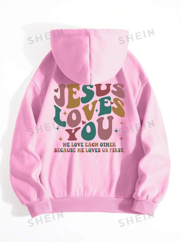 Women's Letter Printed Drawstring Hoodie | SHEIN