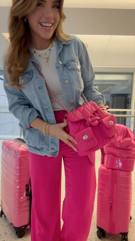 Barbie💕summer☀️ with a hot pink travel day🩷outfit 👛 pink trousers are from Walmart in size small, I also have them in black 🖤and are a 10/10! Coach bag is available at one retailer in this pink but also available in black and bone ✨ Beis luggage is from last summer but found similar at such a great price😊 

Travel outfit, airport outfit, Walmart outfit, Walmart fashion, Coach, coach backpack, coach tabby, beis, beis luggage, coach handbag 

#LTKTravel #LTKStyleTip #LTKxWalmart