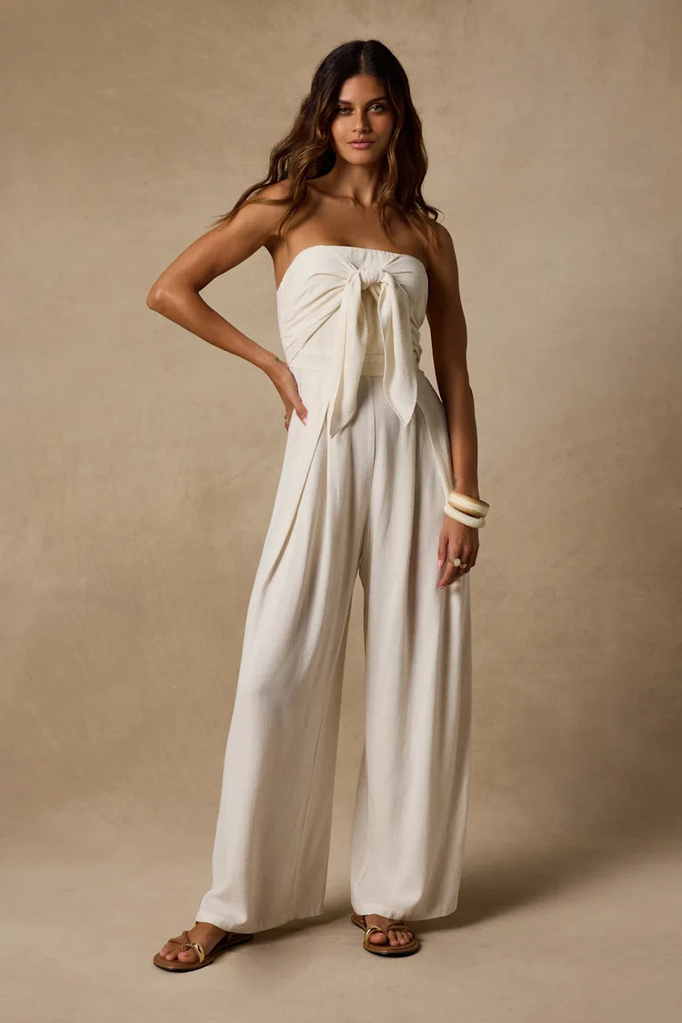 Wylda Light Beige Linen Tie-Front Jumpsuit | Lulus