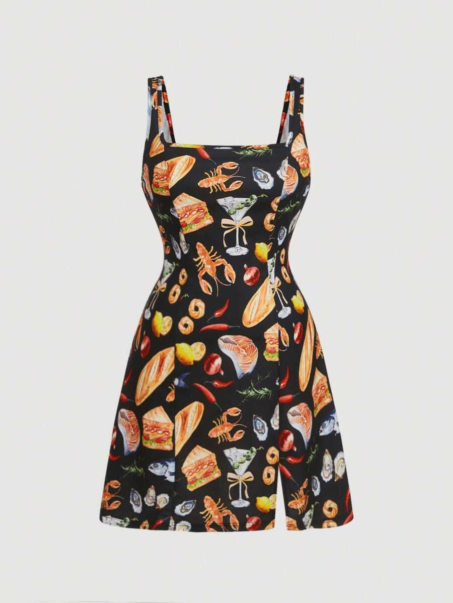 SHEIN MOD Plus Size Square Neck Split A-Line Dress With Fun Food Prints, Suitable For Picnic And ... | SHEIN
