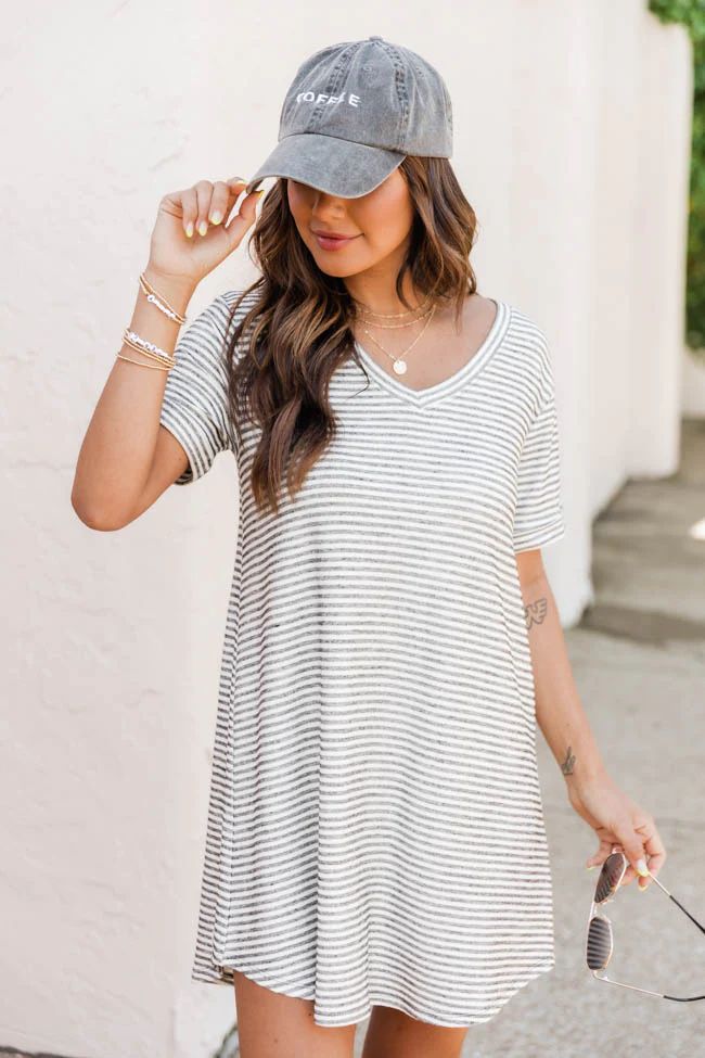 When You're Ready White/Grey Striped T-Shirt Dress | The Pink Lily Boutique