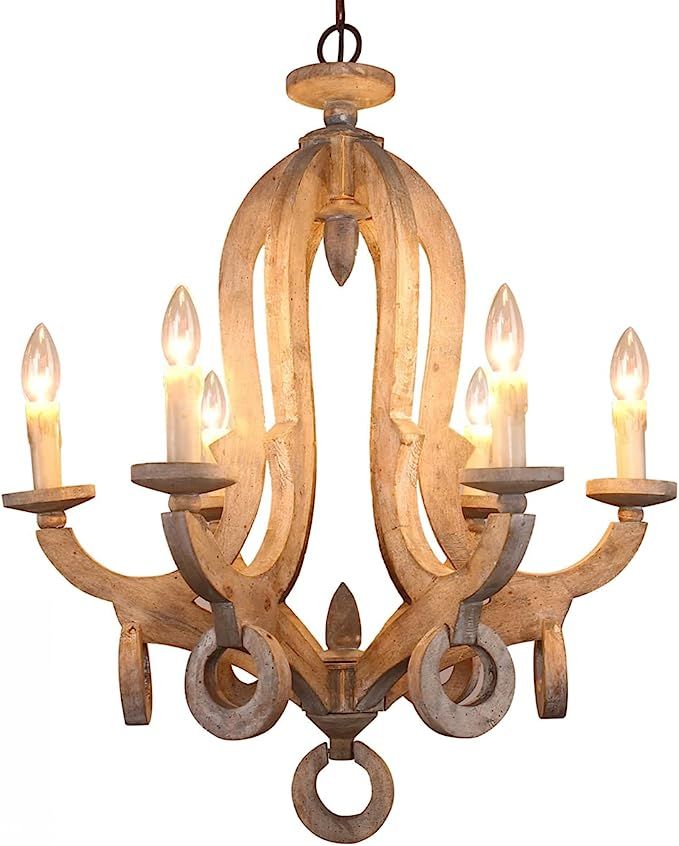 6-Light Rustic Farmhouse Wood Chandelier Elegant French Country Candle Wooden Chandelier Ceiling ... | Amazon (US)