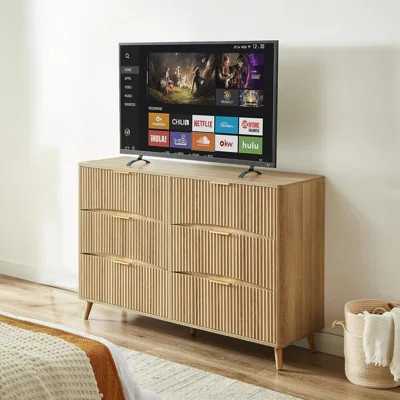 Fluted 6 Drawer Dresser, 55" Wide Wood Curved Dresser, Mid Century Modern Chest Of Drawers For Bedroom, Living Room And Entryway | Wayfair North America