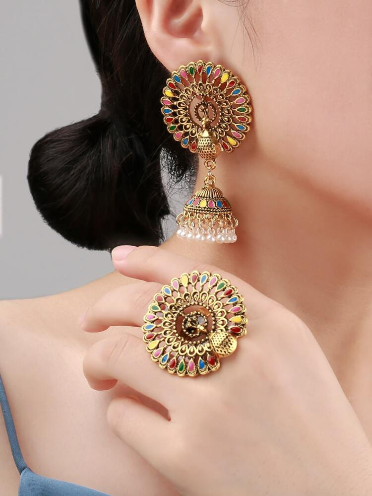 EMERY ROSE Faux Pearl Tassel Jhumka Drop Earrings & Ring | SHEIN