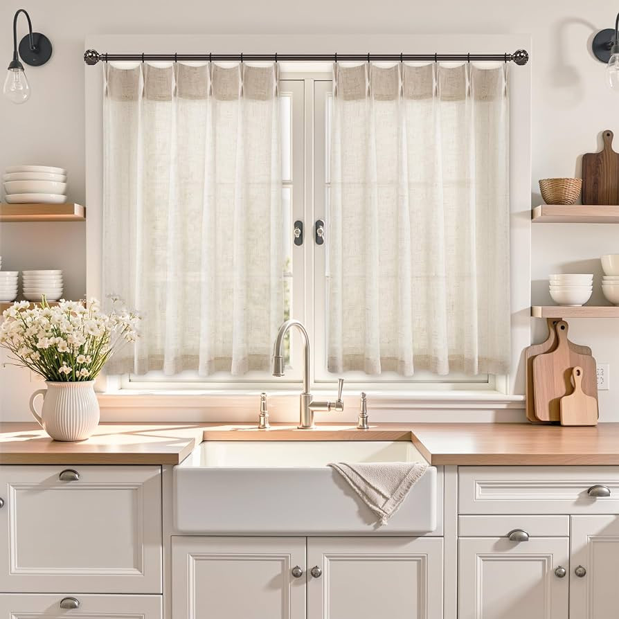 Linen Kitchen Curtains,20 Inch Length Light Filtering Sheer Short Cafe Window Curtains Tier,Pinch... | Amazon (US)