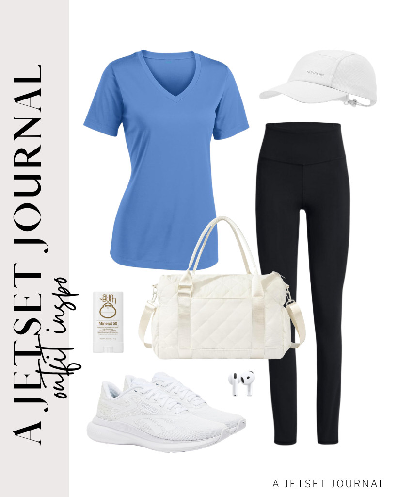 You can try this combination of blue athletic top and buttery-soft leggings, too. This look goes well with Reebok Energen Run 4 sneakers and this running hat from Sukeen. You can use this gym bag with a yoga mat holder.

#LTKSeasonal #LTKSaleAlert #LTKTravel
 

 