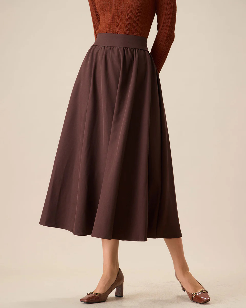 Women's Coffee High-waisted Pleated Midi Skirt | rihoas.com