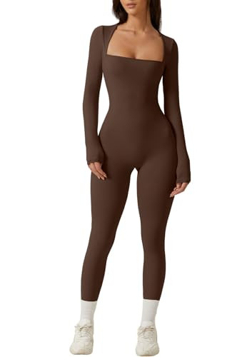 QINSEN Women's Plus Size Jumpsuit High Waist Square Neck Curvy Jumpsuit for Casual Brown XL | Amazon (US)