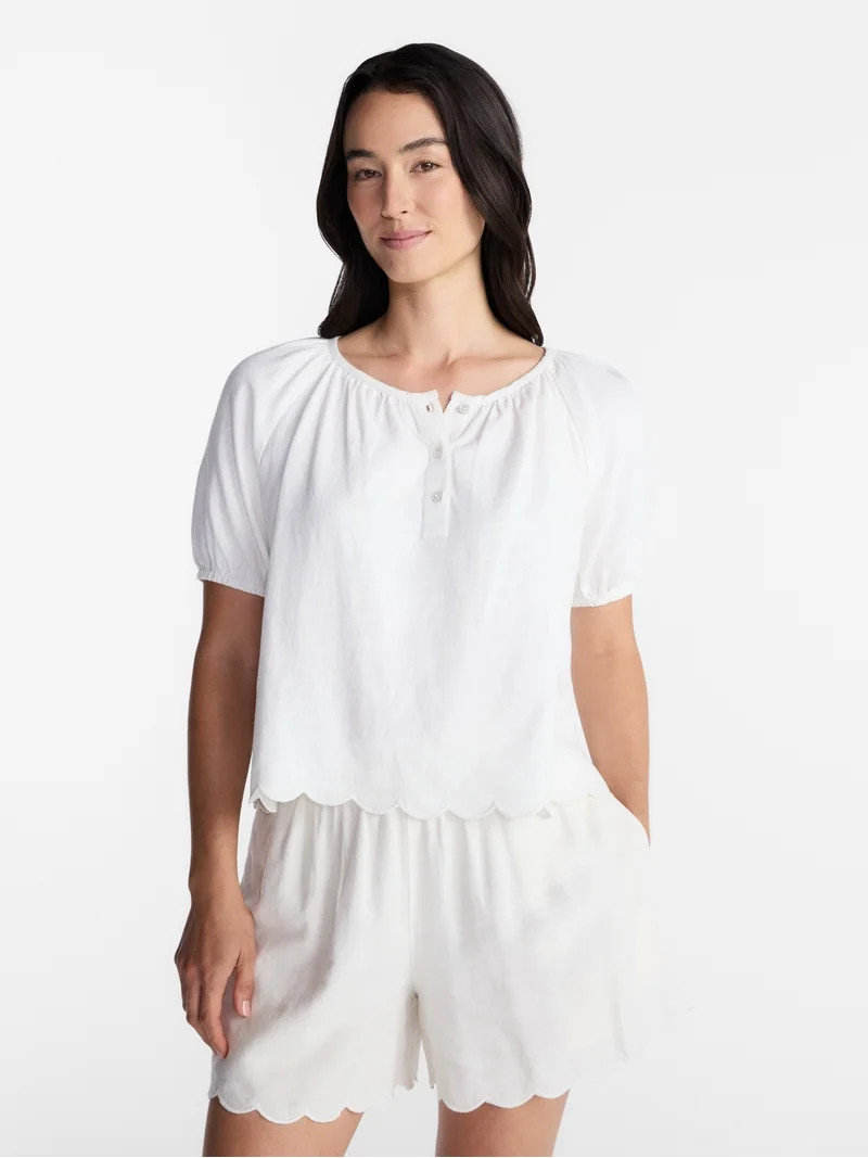 Time and Tru Women's Linen Blend Blouse with Scalloped Hem, Sizes XS-XXXL | Walmart (US)