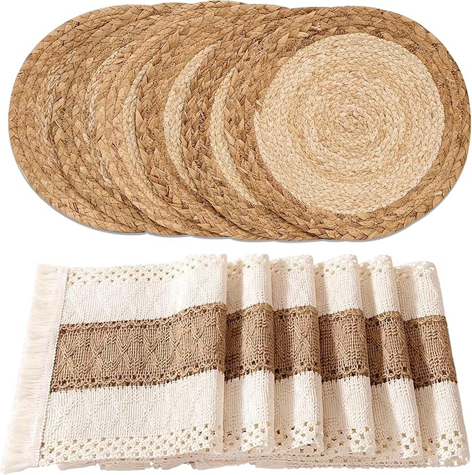 Handmade Boho Placemats Set of 6 - Natural Cotton Burlap and Water Straw Woven Rattan Wicker Brai... | Amazon (US)