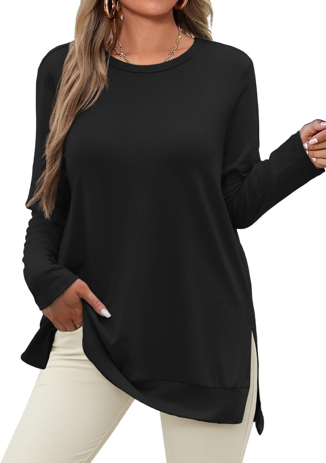 Womens Long Sleeve Tunic Tops to Wear with Leggings Crew Neck Side Split Layering Shirts Loose Fit Long Tops | Amazon (US)