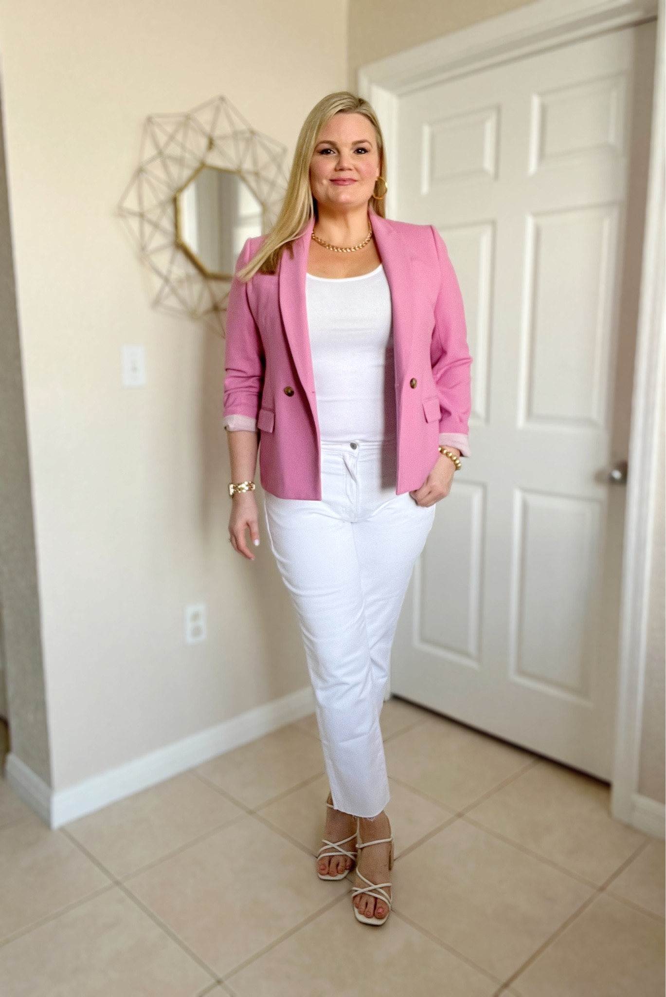 Pink blazer (old but linked similar) with white tank (size large) and white jeans (size 12). Shoes for TTS. Workwear. Barbie  

#LTKstyletip #LTKworkwear #LTKunder50