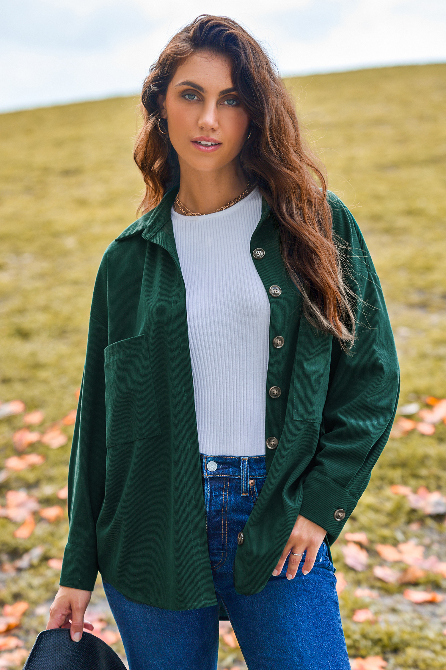 Green Collared Long Sleeve Patch Pocket Shacket - S | Cupshe US