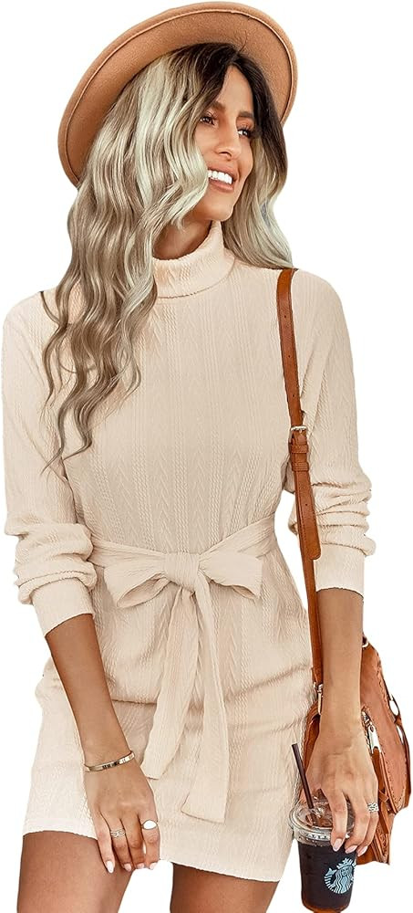 WDIRARA Women's Turtleneck Long Sleeve Belted Cable Knit Pullover Sweater Dress | Amazon (US)