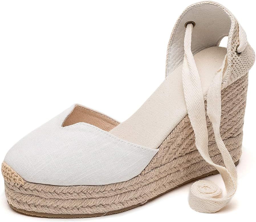 U-lite 3" Cap Toe Platform Wedges Sandals for Women, Classic Soft Ankle-Tie Lace up Espadrilles S... | Amazon (US)