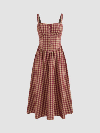 Woven Cotton Cotton-blend Square Neck Gingham Maxi Dress For Daily Casual | Cider