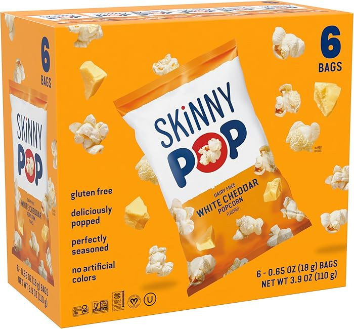 SkinnyPop Popcorn, White Cheddar, Whole Grain, Dairy-Free Snack, 0.65oz Bags (6ct) | Amazon (US)