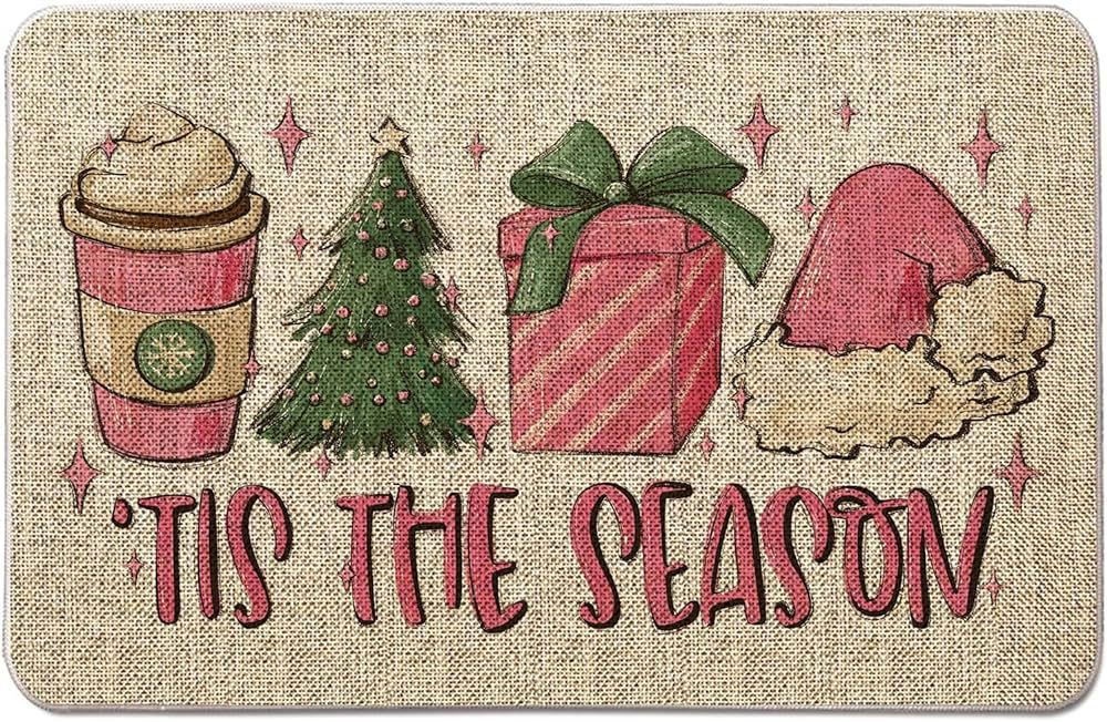 GAGEC Christmas Door Mat Outdoor Rug Pink Christmas Doormat 'Tis The Season Entrance Rug Winter D... | Amazon (US)
