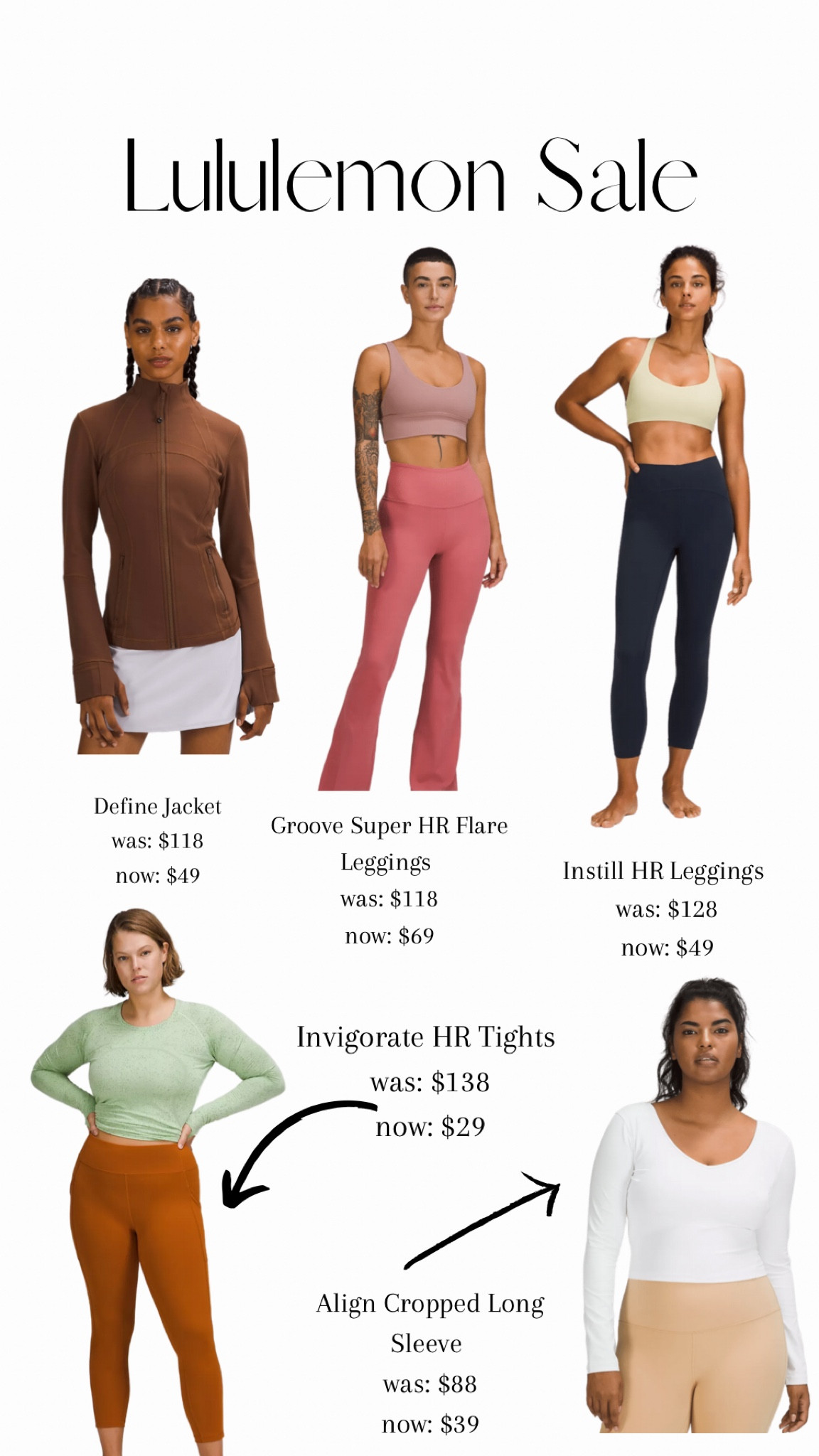 Lululemon Sale picks! The groove flared leggings are super trendy right now! I have the define zip up in several colors and it’s SO COMFY!! 

#LTKfit #LTKsalealert #LTKHoliday