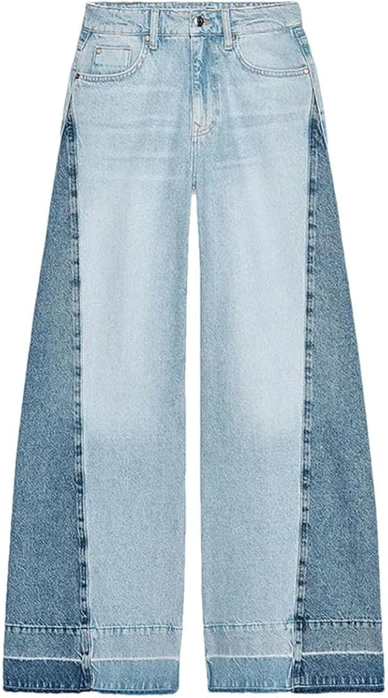 Women Patchwork Wide Leg Jeans Plus Size High Waist Denim Pants for Spring Street Daily Looks | Amazon (US)