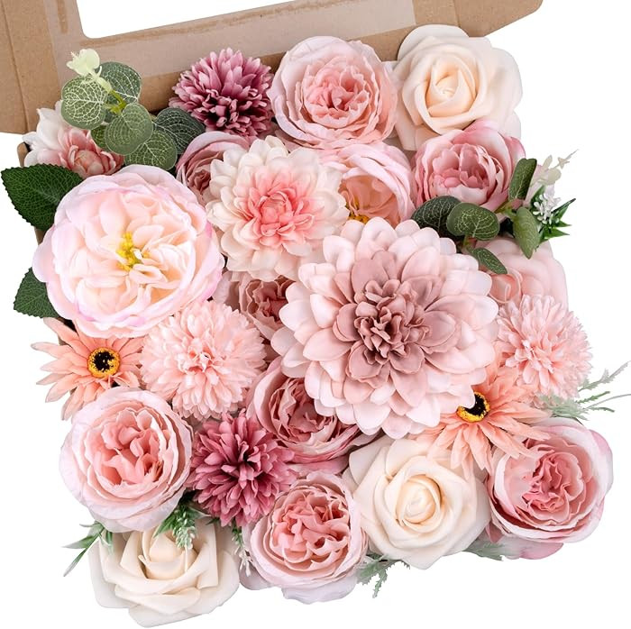 Pink Flowers Artificial Roses Combo Set Fake Pink Silk Flowers Faux Peony Flowers Mix Chrysanthem... | Amazon (US)
