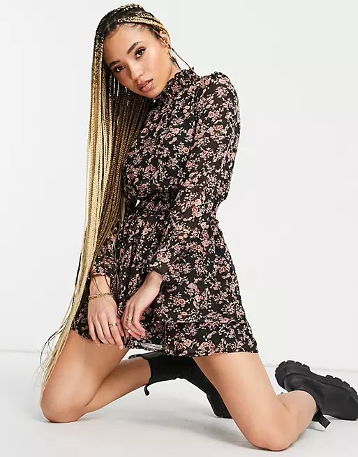 Missguided high neck dress with shirred waist detail in black ditsy floral | ASOS (Global)