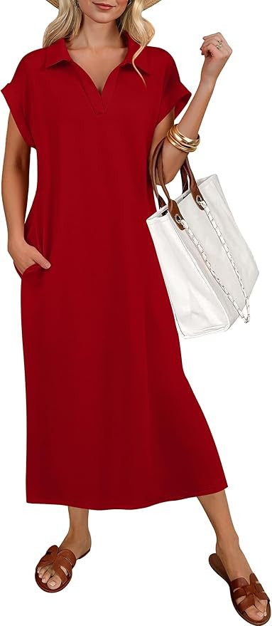 ANRABESS Womens Casual Midi Dresses, Polo V Neck Short Sleeve, Wrinkle-Free Fabric Loose Fit for ... | Amazon (US)
